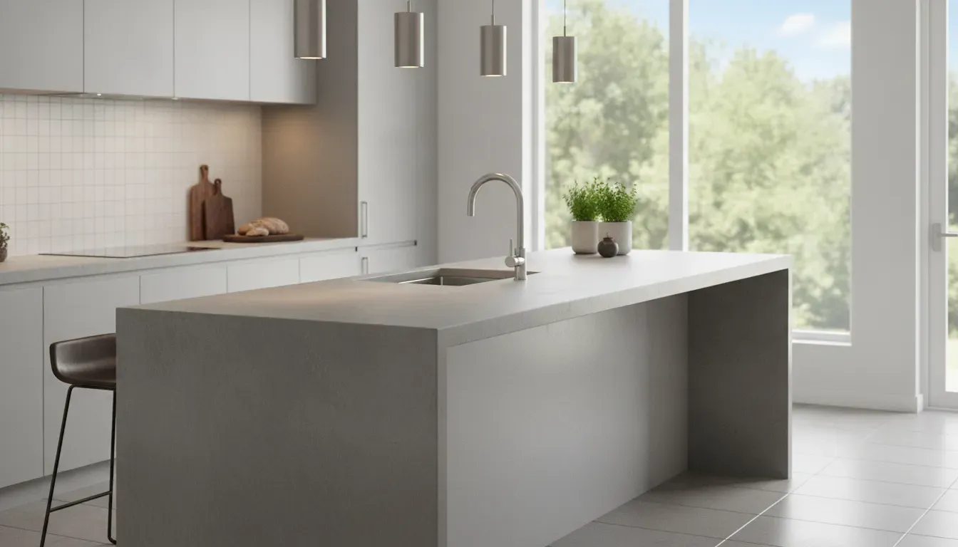 Modern kitchen with a large island featuring concrete countertops and an integrated sink.