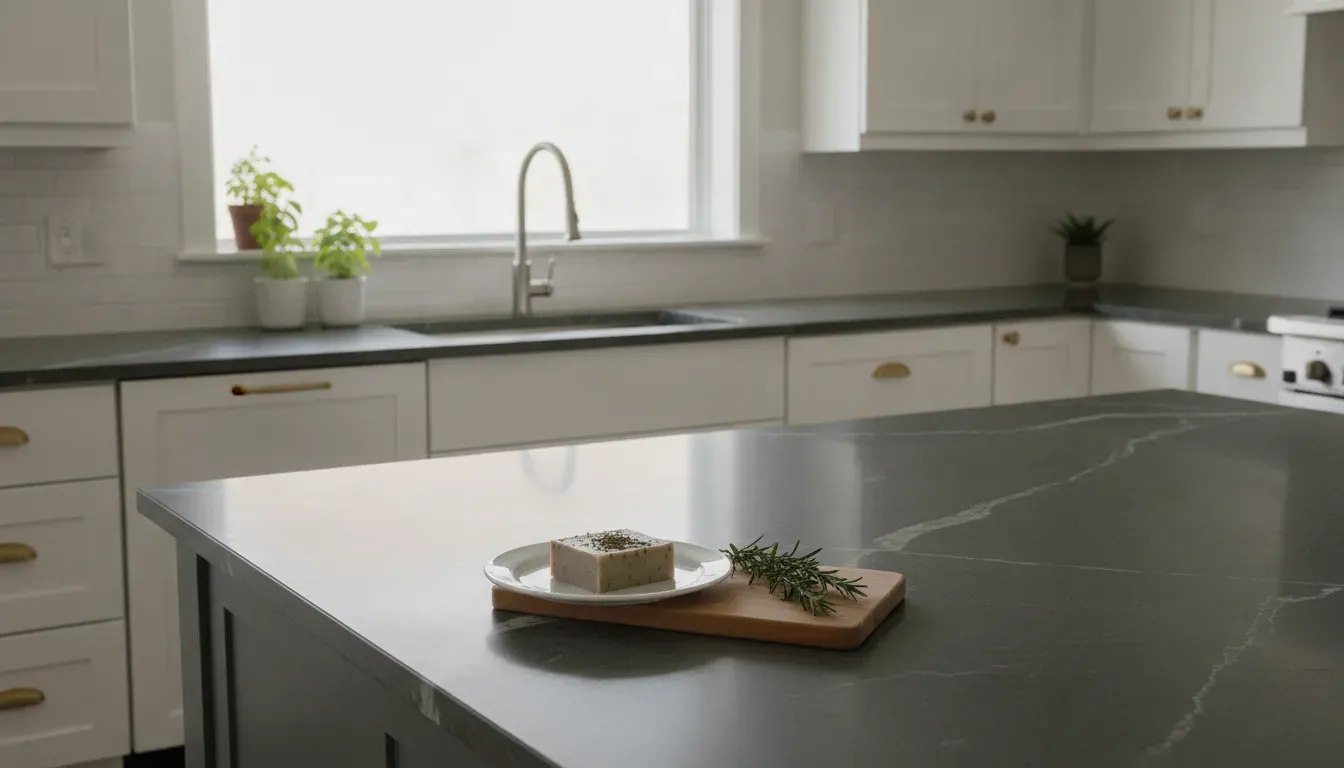 Soapstone countertops with natural veining and a dark matte finish in a modern kitchen.