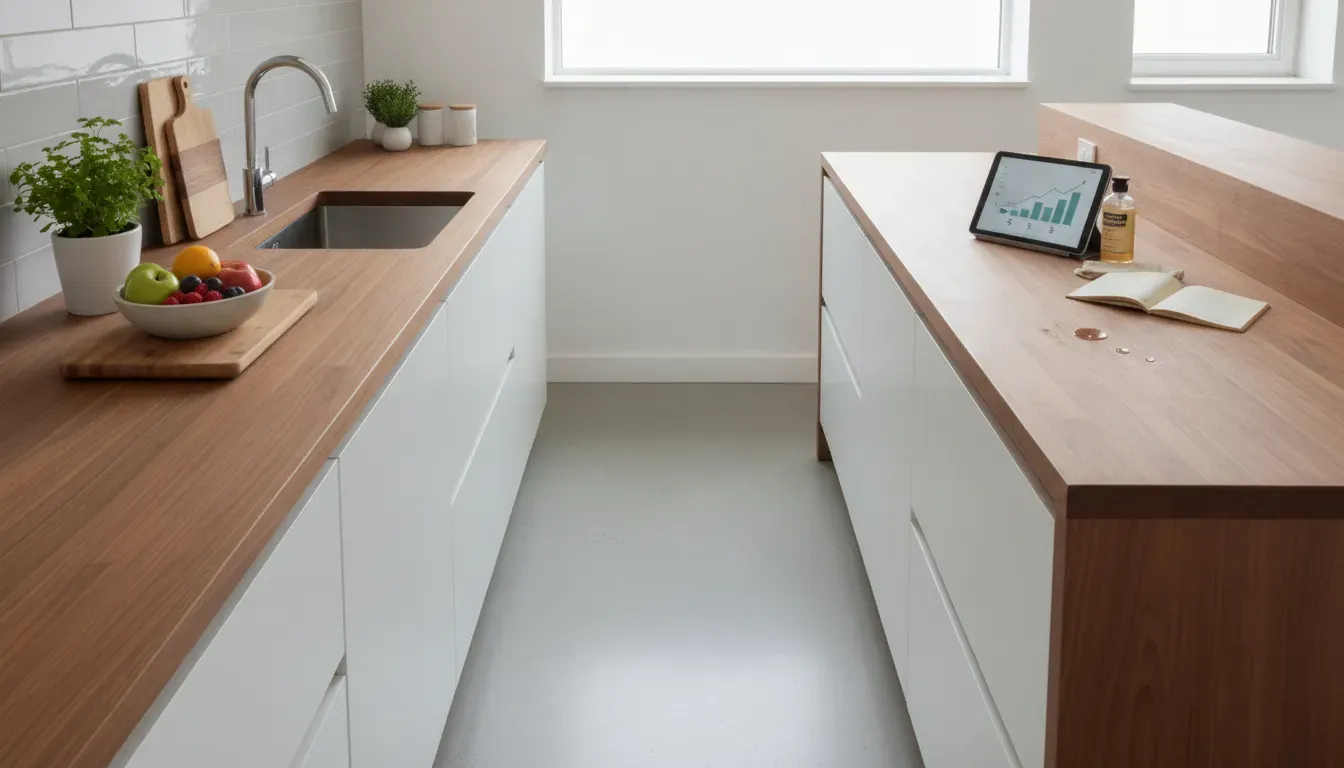 Modern kitchen with wood countertops, white cabinets, and natural light.