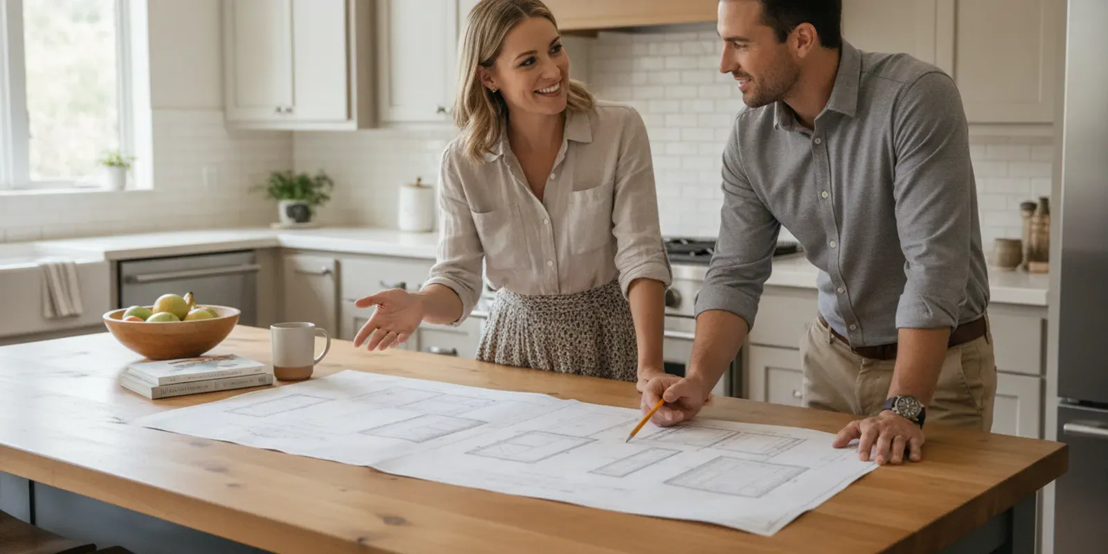 Homeowner and contractor reviewing kitchen remodeling plans at a kitchen island