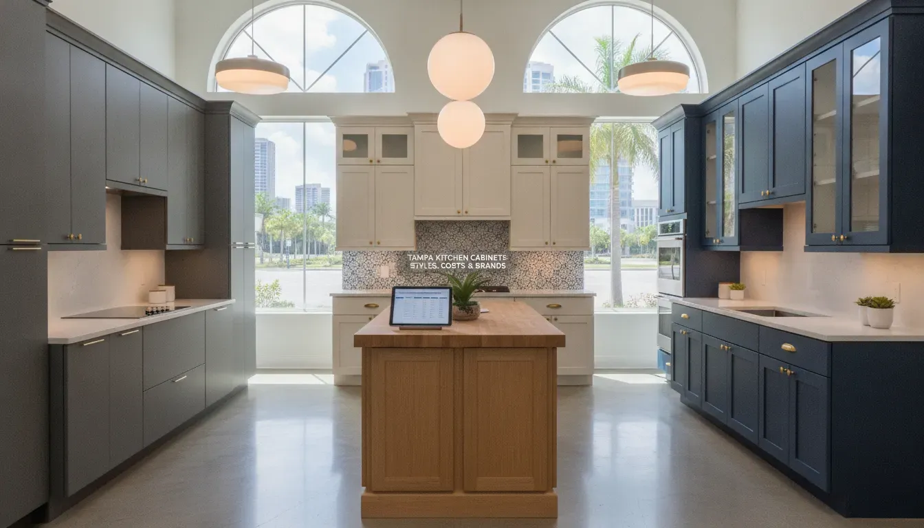 Modern Tampa kitchen with blue, gray, and white cabinets, wood island, and palm tree views.