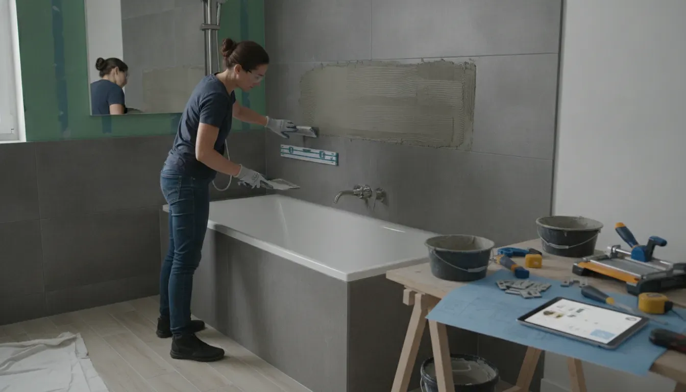 Woman applying mortar to a bathroom wall above a bathtub for tile installation.